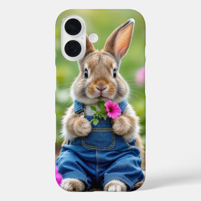 Funda iPhone 16 Flores de conejo comiendo Petunia rosada (Reverso )