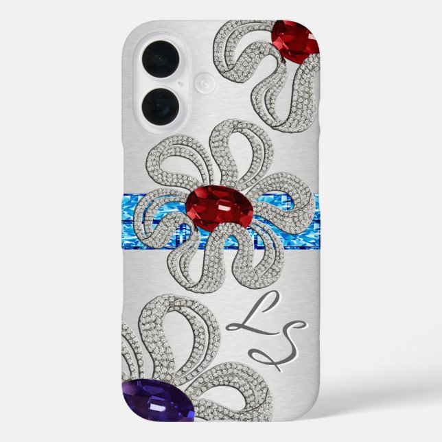 Funda iPhone 16 Flores de diamante y de encaje (Monogramadas) (Reverso )