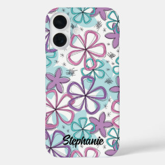 Funda iPhone 16 Flores de garabatos con estrellas y marcas