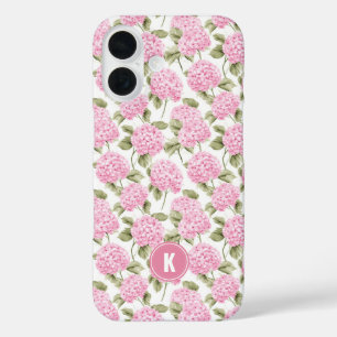 Funda iPhone 16 Flores de Hortensia Rosa Elegante con Monograma Pa