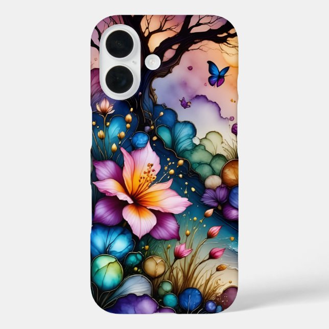 Funda iPhone 16 Flores de mariposa y fantasía (Reverso )
