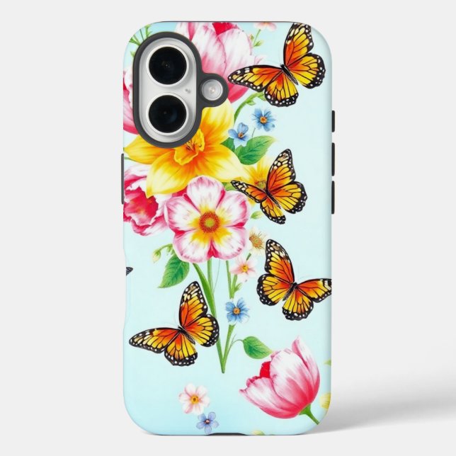 Funda iPhone 16 Flores de primavera y mariposas (Reverso )