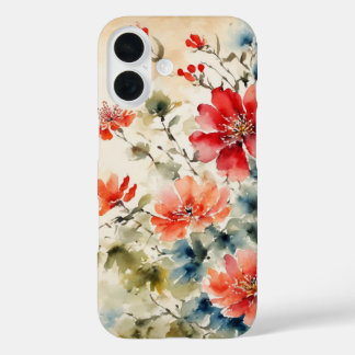 Funda iPhone 16 Flores de tinta japonesa en cubierta de pergamino