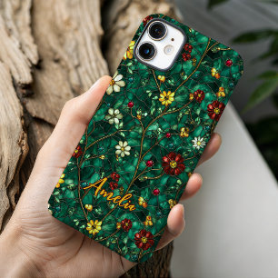Funda iPhone 16 Flores de vidrio tintado rojo turquesa