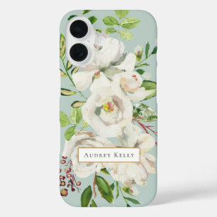 Funda iPhone 16 Flores Doradas Monograma Personalizado Menta