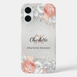 Funda iPhone 16 Flores doradas rosas plateadas nombre elegante de