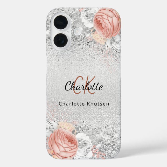 Funda iPhone 16 Flores doradas rosas plateadas nombre elegante de  (Reverso )