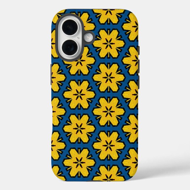 Funda iPhone 16 Flores florales geométricas azules amarillas repet (Reverso )