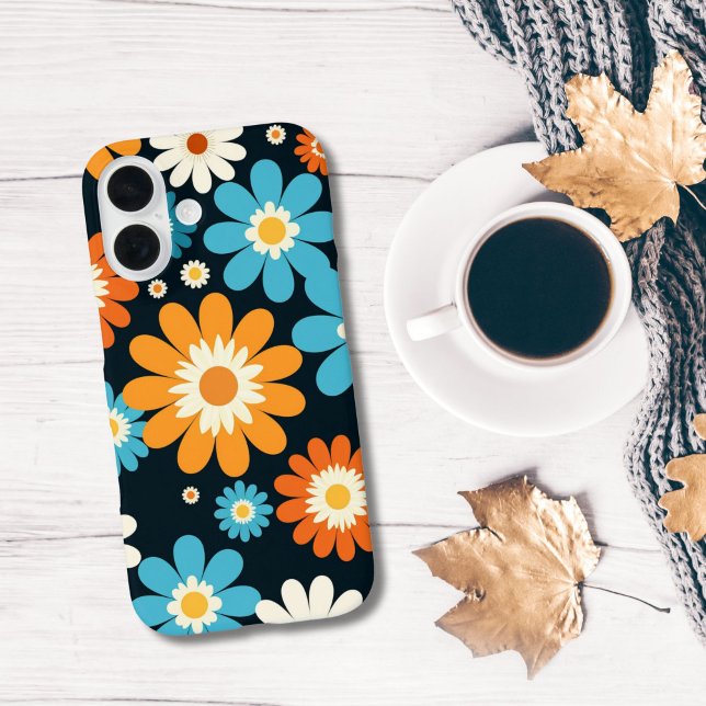 Funda iPhone 16 Flores Florales Retro Azul Naranja Blanco Groovy (Retro Groovy Floral Navy blue, Light Blue, Orange and White Flowers iPhone case)