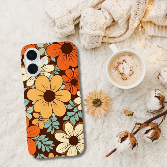 Funda iPhone 16 Flores Florales Retro Groovy Marrón Amarillo Naran (Retro Groovy Floral Flowers Brown Orange Yellow Beige Blue iPhone case)
