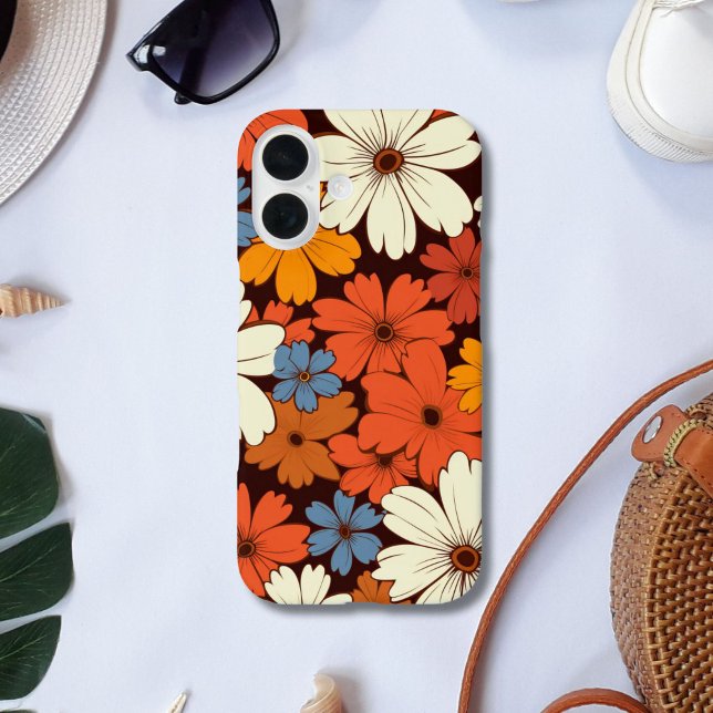 Funda iPhone 16 Flores Hippie Retro Groovy Amarillo Blanco Rojo Az (Retro Groovy Hippie Flowers Floral Red White blue brown yellow iPhone case)