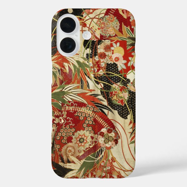 Funda iPhone 16 FLORES JAPONESES ANTIGUOS FLORES ROJOS Y verdes (Reverso )