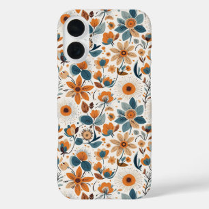 Funda iPhone 16 Flores Naranjas Azules Botánicos Cottagecore Vinta