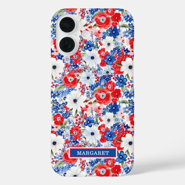 Funda iPhone 16 Flores Patrióticas Monogramadas (Reverso )