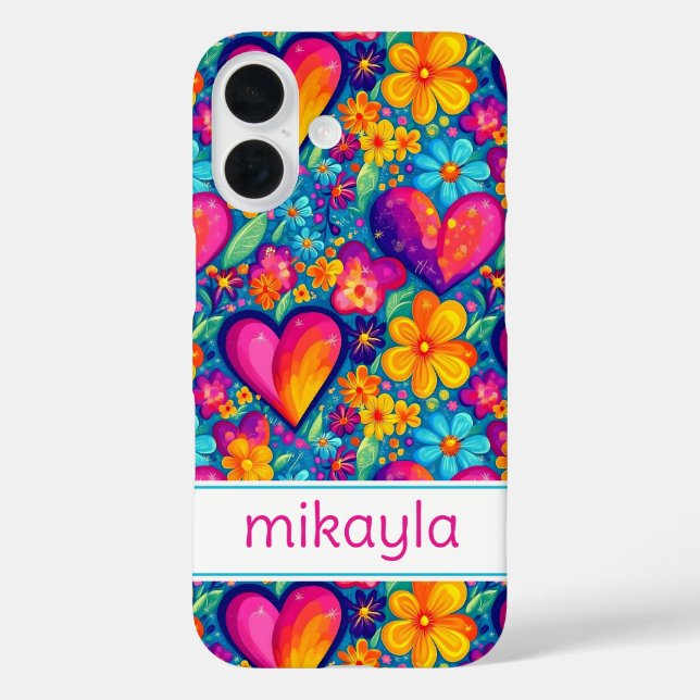 Funda iPhone 16 Flores Retro Groovy Hippie Corazones Personalizado (Reverso )