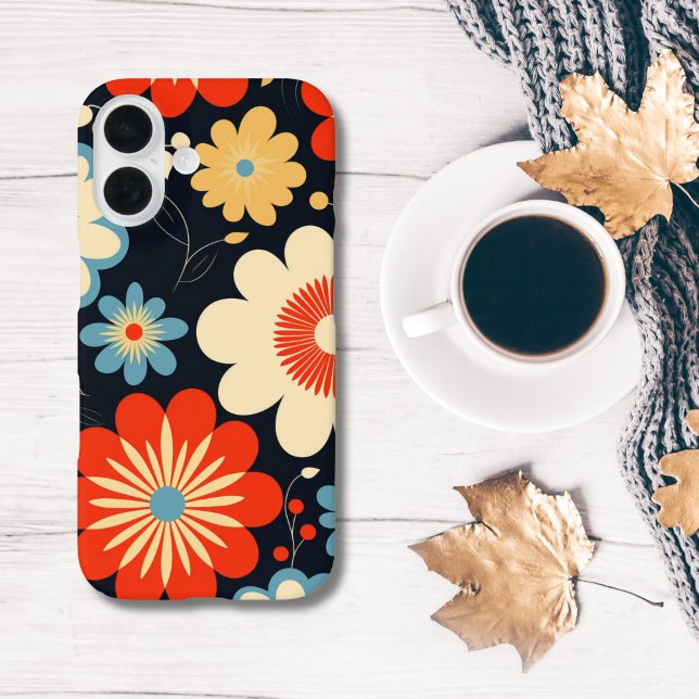 Funda iPhone 16 Flores Retro Hippie Azul Amarillo Beige Rojo (Retro Groovy Hippie Red Blue Beige Yellow Flowers Floral iPhone case)