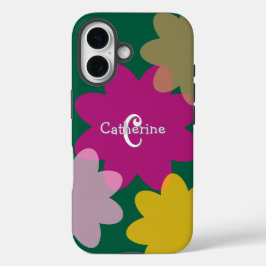 Funda iPhone 16 Flores retro Nombre personalizado verde oscuro e i
