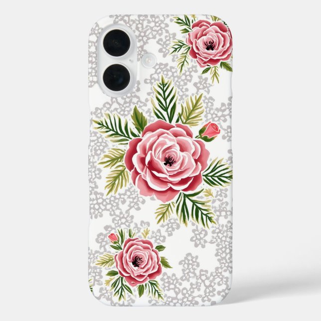 Funda iPhone 16 Flores rojas en fondo de encaje (Reverso )