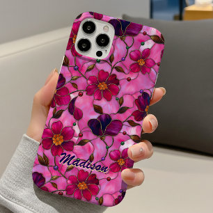 Funda iPhone 16 Flores rosadas rojas de vidrio emplomado