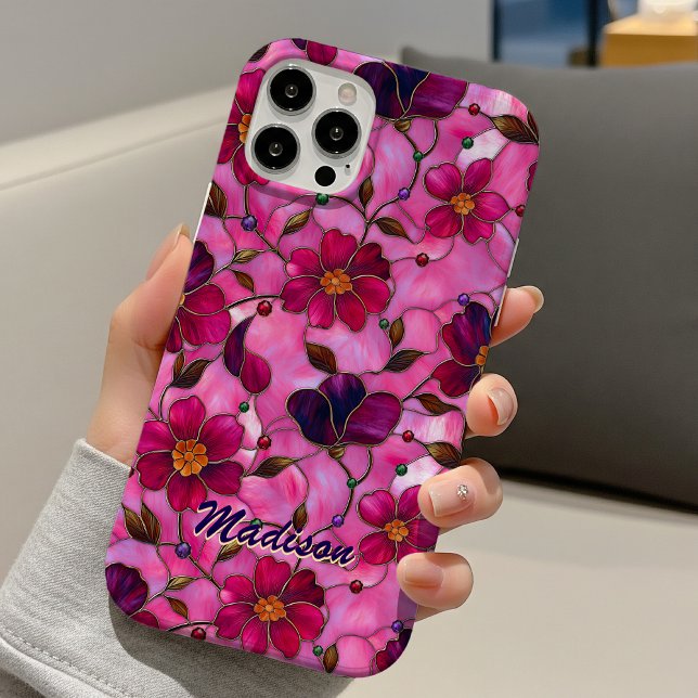 Funda iPhone 16 Flores rosadas rojas de vidrio emplomado  (Subido por el creador)
