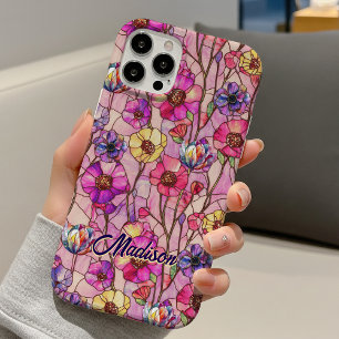 Funda iPhone 16 Flores rosadas y moradas en vidrio tintado