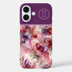 Funda iPhone 16 Flores rosadas y moradas monogramadas de tinta de 