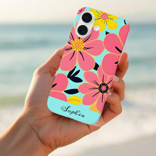 Funda iPhone 16 Flores rosas y amarillas al estilo azul celeste-do