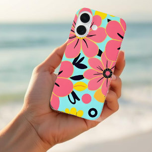 Funda iPhone 16 Flores rosas y amarillas al estilo azul celeste-do