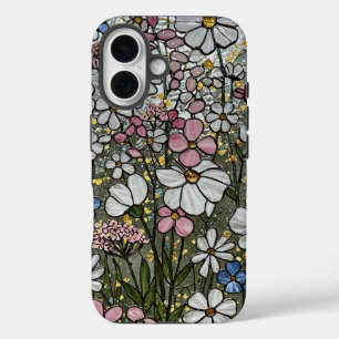 Funda iPhone 16 Flores salvajes de oro blanco rosado efecto de vid