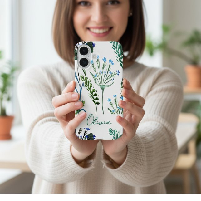 Funda iPhone 16 Flores silvestres acuarela verde azul  (Subido por el creador)