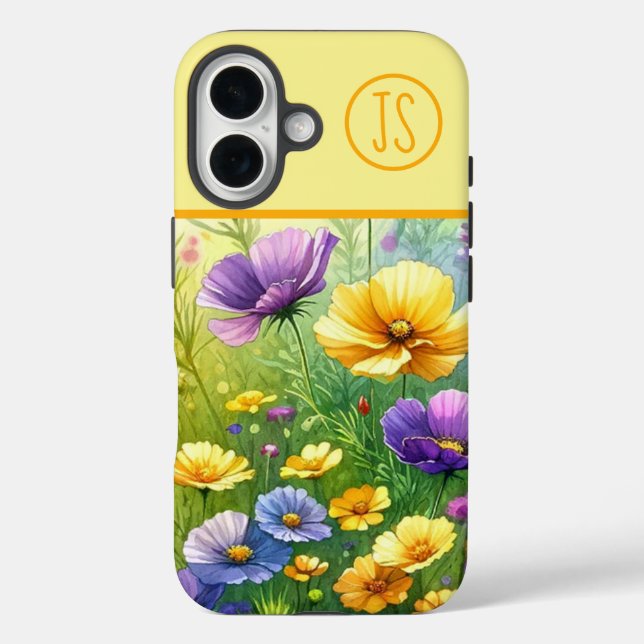 Funda iPhone 16 Flores silvestres amarillas y púrpuras monogramada (Reverso )