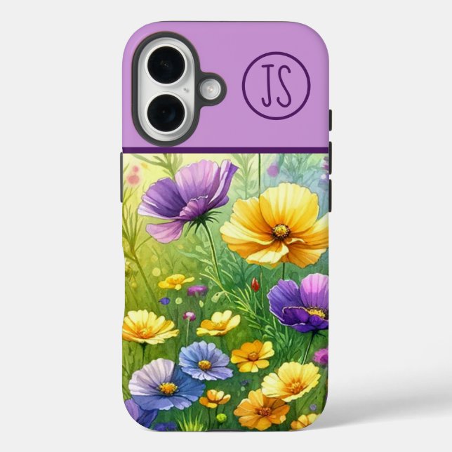 Funda iPhone 16 Flores silvestres amarillas y púrpuras monogramada (Reverso )