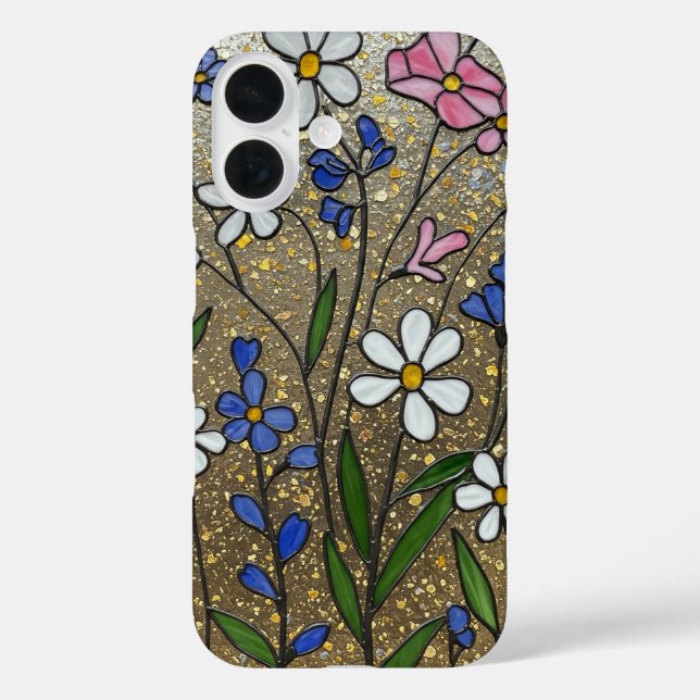 Funda iPhone 16 Flores silvestres Lámina de vidrio manchada de oro (Reverso )