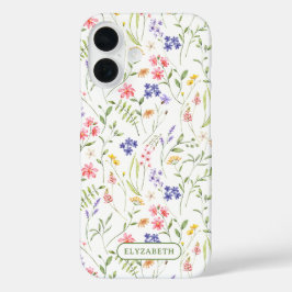 Funda iPhone 16 Flores silvestres nombre personalizado blanco