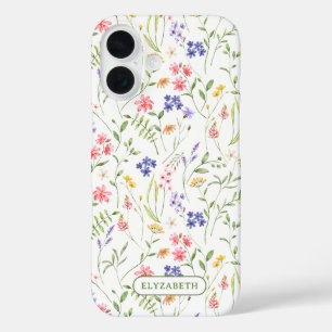 Funda iPhone 16 Flores silvestres nombre personalizado blanco
