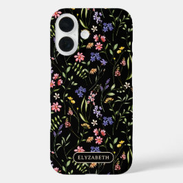 Funda iPhone 16 Flores silvestres nombre personalizado negro