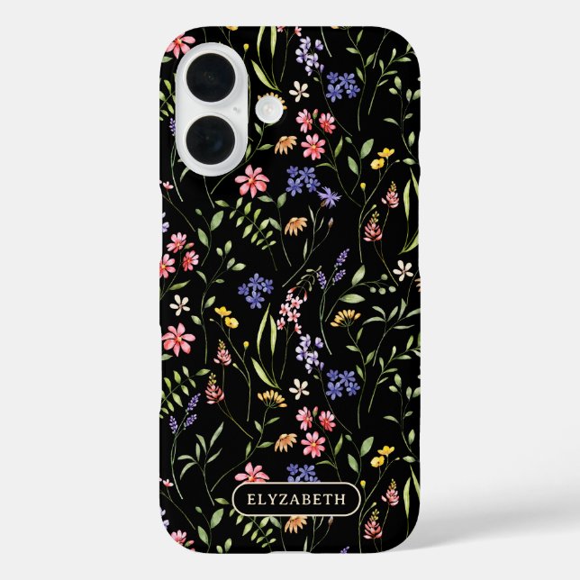 Funda iPhone 16 Flores silvestres nombre personalizado negro (Reverso )