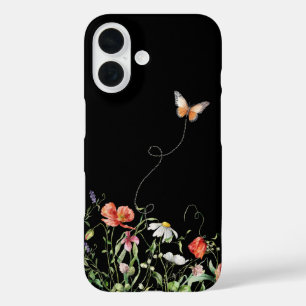 Funda iPhone 16 Flores silvestres y mariposa en negro