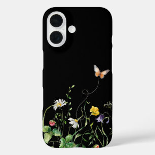 Funda iPhone 16 Flores silvestres y mariposa en negro