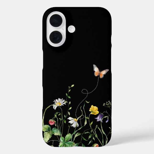Funda iPhone 16 Flores silvestres y mariposa en negro (Reverso )