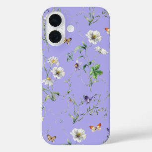 Funda iPhone 16 Flores silvestres y mariposas en Lavender