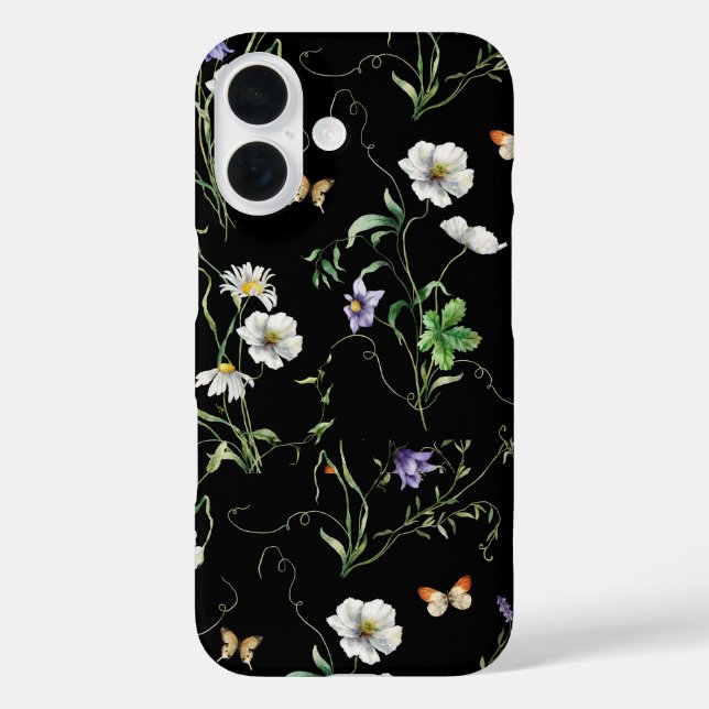 Funda iPhone 16 Flores silvestres y mariposas en negro (Reverso )