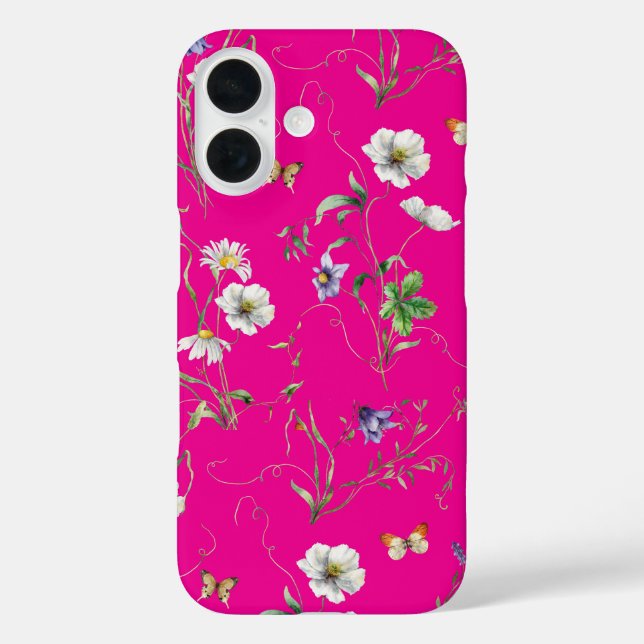 Funda iPhone 16 Flores silvestres y mariposas en rosa neón (Reverso )