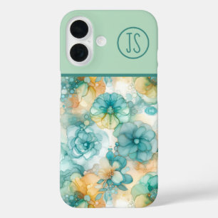 Funda iPhone 16 Flores verde azuladas y amarillas con tinta de alc