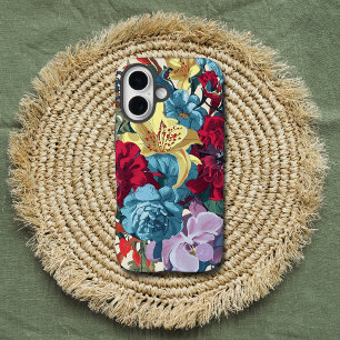 Funda iPhone 16 Flores vibrantes en monograma coloridas de color