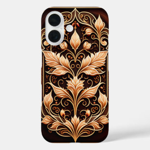 Funda iPhone 16 Flores y hojas barrocas de madera