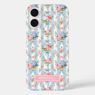 Funda iPhone 16 Flores y lazos azules y rosados a rayas