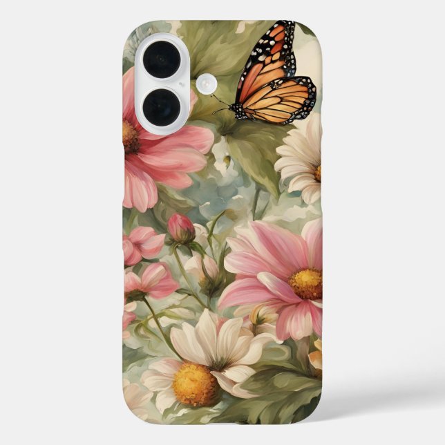 Funda iPhone 16 Flores y mariposa de arte estuche para iPhone / iP (Reverso )