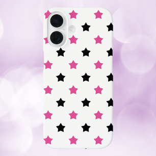 Funda iPhone 16 Fondo blanco del patrón negro rosado de las estrel