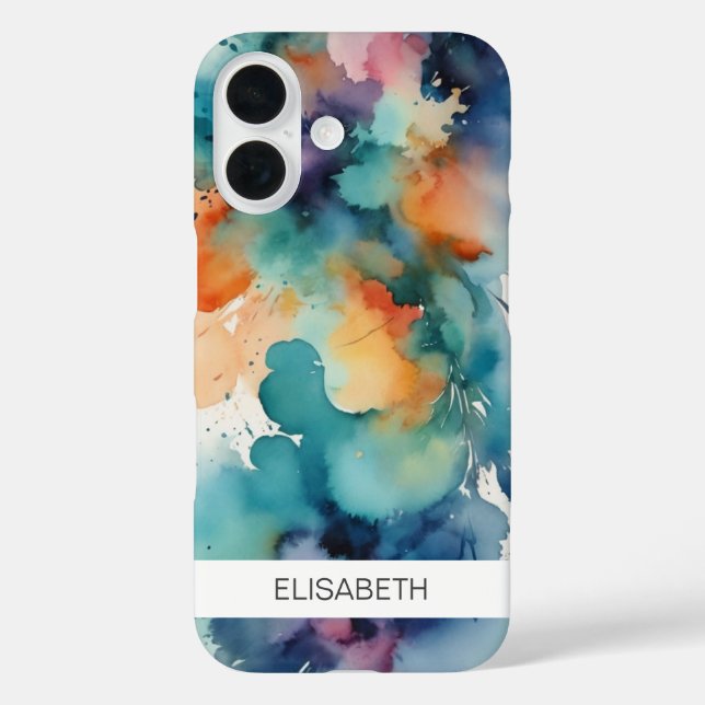 Funda iPhone 16 Fondo de acuarela artificial | Tu nombre (Reverso )